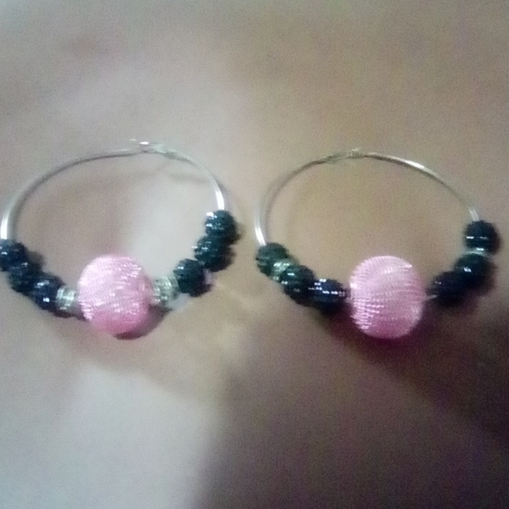 Pink black and silver big loop earrings